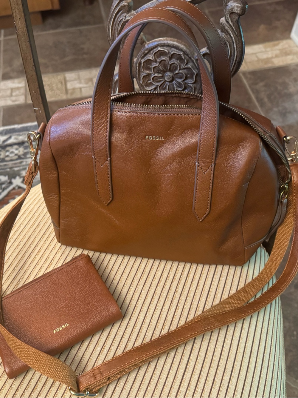Fossil Brown Leather Satchel with Matching Card Wallet